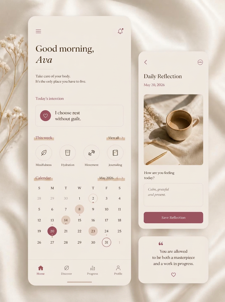 Glow Her Rise app showing a daily intention, weekly routine icons and a monthly self-care calendar